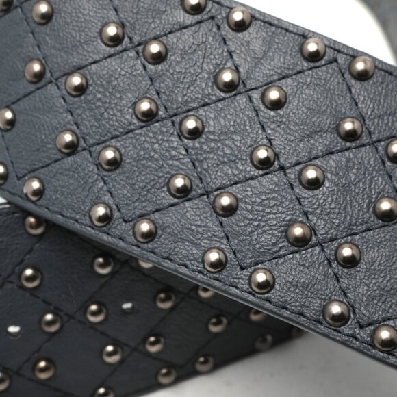 Wide Faux Leather Studded Belt Navy Steel Blue Silver Club Retro Vegan Hip - Picture 7 of 12